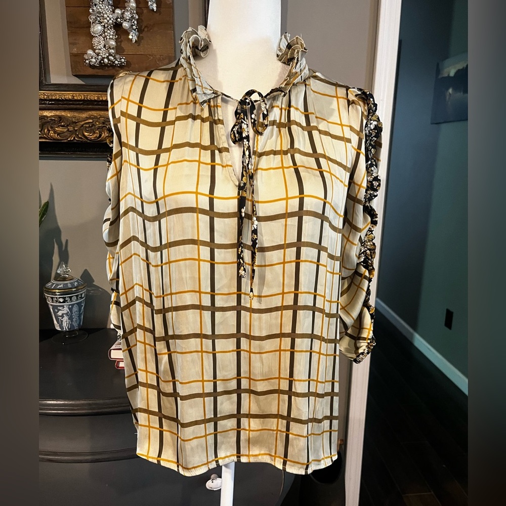 Anthropologie X Current Air Silky Plaid Top with Ruffle Neck and Sleeves